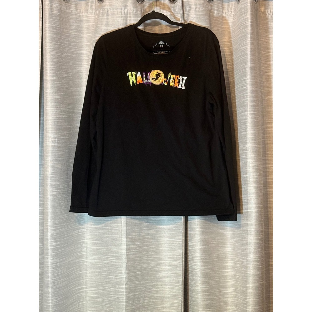 Vintage Y2K Halloween Embroidered Sequin Long Sleeve Tee Black XL 16-18